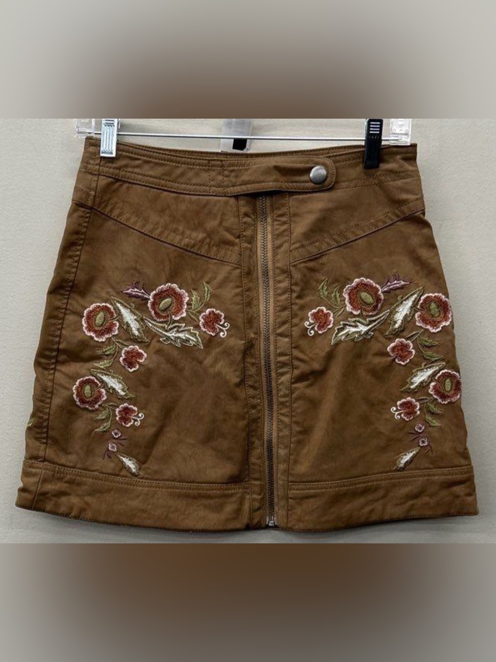 Free People Alanis Moto Mini Skirt Camel Embroidered Floral Skirt